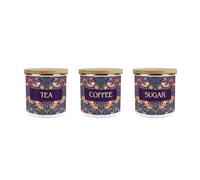 Purple Strawberry Thief Tea, Coffee & Sugar Storage Canisters Set - Morris Inspired Floral Tapestry Artwork - 600ml Medium Enamel Hot Drinks Containers Set of 3