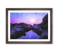 Purple Sunset In Peace Island Painting Modern Art Framed Print | A3 Walnut Framed Wall Art | Ready to Hang | Modern Landscape Picture | Living Room Bedroom Lounge Office