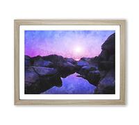 Purple Sunset In Peace Island Painting Modern Art Framed Print | A4 Oak Framed Wall Art | Ready to Hang | Modern Landscape Picture | Living Room Bedroom Lounge Office