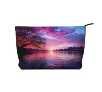 Purple Sunset On Water Corduroy Makeup Bag Travel Organizer Bag Cosmetic Bag Large Wide-Open Pouch