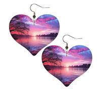 Purple Sunset on Water Leather Earrings for Women Heart Dangle Earrings Lightweight Drop Earring Jewelry Gift