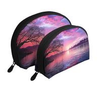 Purple Sunset on Water Portable Shell Cosmetic Bag Set - Travel Makeup Organiser with Zipper & Inner Compartments