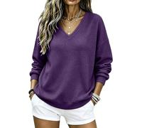 Purple Sweatshirts for Women UK Comfy Oversized Loose Women V Neck Sweatshirt Waffle Textured Long Sleeve Hoodless Pullover Soft Casual Plain Jumper for Loungewear Walking Weekend Outfits Size L
