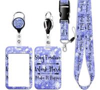 Purple Teachers ID Lanyard Card Holder with Retractable Heavy Duty Badge Holder Reel Clip Cute Neck Lanyard Strap for Keys for Women Men Girls Nurses Preppy School Reel ID Holder(Positive Quote)