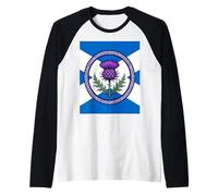 Purple Thistle and Saltire Framed by Celtic Knotwork Raglan Baseball Tee