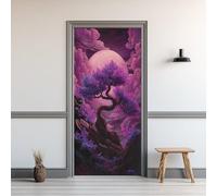 Purple Tree Door Stickers 95x215 cm 3D Moonlit Night Door Murals Stickers Peel and Stick Abstract Clouds Door Decals PVC Waterproof Removable Door Wall Poster for Home Decor