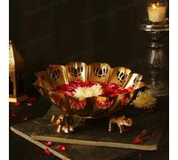 Purple Tree Lotus Urli Bowl with Elephant Stand - Traditional Decorative Bowl for Floating Flowers and Tea Light Candles - Pack of 1