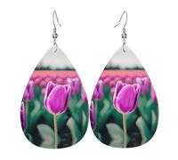 Purple Tulips Print Leather Dangle Earrings - Lightweight Teardrop Costume Earrings for Parties, Valentine's Day