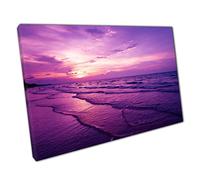 Purple Twilight Sunrise Sunset Over Long Calm Beach Wall Art Print On Canvas Picture For Home Office Decor 91x61cm (36x24In)