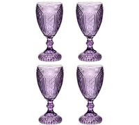 Purple Vintage Etched Wine Goblets Set of 4 - 300ml Coloured Glasses with Sturdy Stem - Embossed Retro-Style Drinking Glasses for Wine, Water & Cocktails