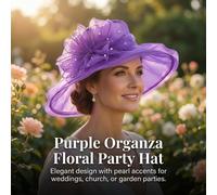 (Purple) Vintage Pearl Wedding Hat with Floral Mesh