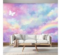 Purple Wallpaper Mural Dreamy and Soft Rainbows and butterflies Scene 3D silk Wall Mural Photo Wallpaper, Premium Art Print Decor for Living Room Kids' Bedroom Photo Wall Decoration 350x256cm