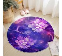Purple Washable Round Area Rugs - Dreamlike Fantasy Art Flowers Print Short Pile Soft Area Rug, 100 cm Non-Slip Circle Carpet for Kitchen Entryway Bedroom Children's Room Decor