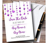 Purple Watercolour Heart Drop Personalised Wedding Save The Date Cards