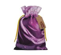 purple wet roses Printed Christmas Drawstring Bags Reusable Xmas Bag for Party Xmas Gift Wrapping, Yellow Ribbon, S