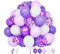 Purple White Balloons, 60 pcs 12 Inch Pastel Matte Lilac White Metallic Lavender Confetti Latex Balloons with Ribbon For Women Birthday Baby Shower Wedding Anniversary Gender Reveal Party Decoration