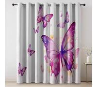 Purple White Blackout Curtains, Watercolor Fantasy Butterflies Elegance Printed designs, Thermal Insulated Eyelet Curtains for Bedroom Living Room Window Decor 66 × 72 Inch 2 Panels
