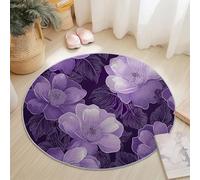 Purple White Flannel Round Rug, Simple Texture Floral Pattern, Super Soft Machine Washable Not Easy to Fade Rug, 140 cm Non-Slip Round Carpet for Living Room Kids Room Dining Room Decor