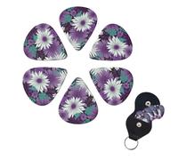 purple white Floral Print Guitar Picks 6 Pack Guitar Plectrums with Pick Holders Bass Picks For Acoustic Guitar Bass Electric Ukulele Includes 0.46mm, 0.71mm, 0.96mm