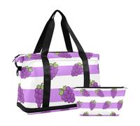 Purple White Striped Grape Fruit Travel Hand Bag with Wet Pocket Adjustable Strap Gym Tote Bag for Yoga Large Capacity for Men Women
