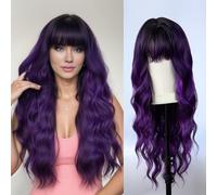 Purple Wig with Bangs for Women, Ombre Wigs Purple Wig 26 inch Long Wavy with Bangs, Long Wavy Synthetic Wigs for Christmas Cosplay Halloween Daily Party Use
