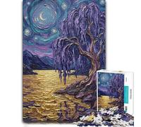 Purple Willow Tree Under Starry Night Sky Jigsaw Puzzle, 1000 Piece | A New Year gift for adults during New Year family time for steady concentration.