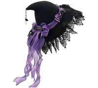 Purple Witch Hat Lolita Girl Wizard Hats with Lace Trim and Ribbon for Women Halloween Cosplay Party Accessory