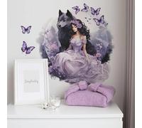 Purple Wolf Girl Butterfly Wall Stickers, sacinora Creative Cold Beauty Art Wall Decals Removable Vinyl Peel and Stick for Kids Women Bedroom Nursery Decoration