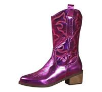 Purple Women Western Cowboy Boots Metallic Pointed Toe Embroidered Cowgirl Boot Mid-Calf Pull-On Chunky Heel Ankle Mid Shaft Fashion Boots Country Music Festival Vintage Calf Length Booties UK 7
