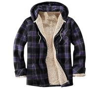 Purple Women's Warm Jackets - Checked Plaid Print, Fleeced Lined, Zip Up, with Pockets, Long Sleeve Cozy Padded Shirt Jacket, Winter Quilted Loungewear, Ladies Hooded Coat XXL