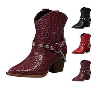 Purple Womens Western Cowboy Boots Ankle Boots with Metal Chain Pointed Toe Cowgirl Boot Pull-On Stylish and Beautiful Party Dressing Boots for Ladies Metallic Shinny Short Booties Footwear UK 6.5