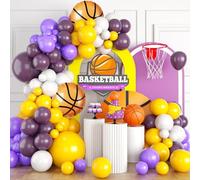 Purple Yellow Balloon Garland Arch Kit,Dark Purple White Latex Balloons with Basketball Foil Balloon for Boys Girls Birthday Graduation Party Decoration,Basketball Sport Theme Party Decor Supplies