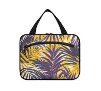 Purple Yellow Palm Leaves Hanging Makeup Bag with compartments with Hook, Designer Chic Medicine Bags for Traveling Women Vacation bolsas de maquillaje para Mujer L