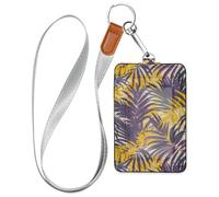 Purple Yellow Palm Leaves Leather id Badge Holder Cute with Lanyard and 3-Card Capacity id Holder for Office Worker Nurse Teacher Student