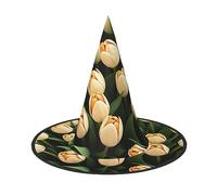 Purple Yellow Tulip Print Halloween Cone Witch Hat Cosplay for Wizards Masquerade Halloween Party Accessories.