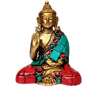 Purpledip Brass Idol Preaching Buddha: Mini Statue with Gemstones in Vitarka Mudra (10642A)