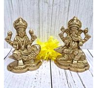 Purpledip Brass Idols Ganesha Laxmi On Respective Mounts Mouse & Owl: Vintage Design Good Luck Collectible Statue Set (12151)
