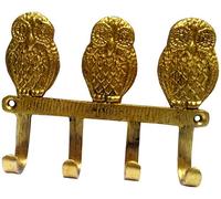 Purpledip Brass Wall Hooks 'Three Wise Owls': Vintage Design Decorative Hanger (11817)