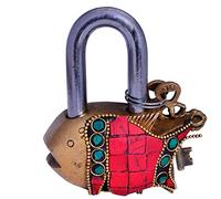 Purpledip Fish Shaped Brass Lock Padlock: Handmade Antique Design with Colorful Gemstone Work; Unique Collectible Combination of Style & Security (10663)