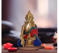 Purpledip Healing Medicine Lord Buddha in Solid Brass Metal with Overlay Gem-stone Work for Home Temple, Office Table or Shop Counter (10531)