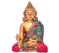 Purpledip Healing Medicine Statue of Lord Buddha in Solid Brass Metal with Gem-stone Work for Home Temple, Office Table or Shop Counter (10642)