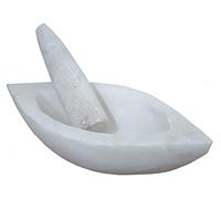 Purpledip Marble Mortar Pestle Grinding Crushing Bowl Set: Ayurvedic Khal Dasta, Boat Shape (12469B)