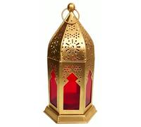 Purpledip Moroccan Hanging Or Table Lamp For Candles, Tea Lights Or Diyas: Alloy Metal Frame With Red Translucent Sides, Vintage Gold, Medium (12736C)