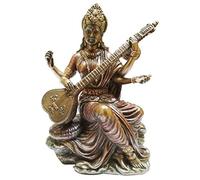 Purpledip Resin Idol Saraswati, Goddess of Knowledge, Music & Arts: Bronze Finish Statue for Home Temple (11650)