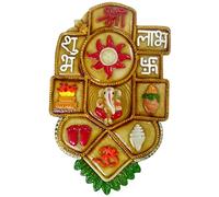 Purpledip Resin Wall Hanging 'Good Fortune': Auspicious Hindu Symbols Om, Shri, Ganesha, Shubh-Labh, Lotus, God's Footprints, Shankha, Kalash (10135A)