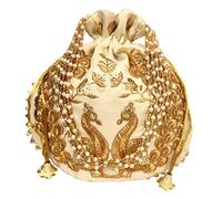 Purpledip Silk Potli Bag (Clutch, Drawstring Purse): Intricate Gold Thread & Sequin Peacock Embroidery Satchel For Women, Gold Cream (11474A)