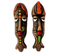 Purpledip Terracotta Clay Figurine Tribal Face Mask Design Wall Hanging: Set Of 2 Decorative Showpieces, 5 Inches, Small (12706B)