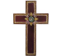 Purpledip Wooden Wall Cross 'Earth': Handpainted Mangowood Plaque, Brown (11446E)