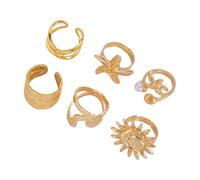 PURPLELILY 6Pcs Set Creative Irregular Sunflowers Starfishes Open Rings For Women And Men Adjustable Goth Gold Color Finger Jewelry Adjustable