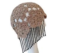 PURPLELILY Women's Fashion Hat Decorated Elegant Pearls and Tassels Yarn Hollow Out Knit Cutout Floral for Women Comfortable Knitted Khaki
